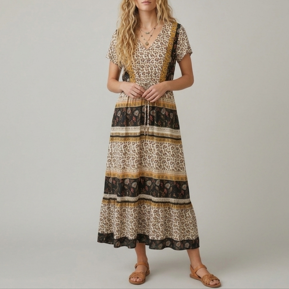 Boho 70s Style Maxi Dress Size Petite Large, Fits Large Folk Fest Prairie Hippie